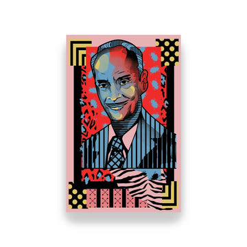 Colorful abstract portrait of a man with geometric patterns on a pink background. Artistic print of Director and filmmaker John Waters for the Academy Museum